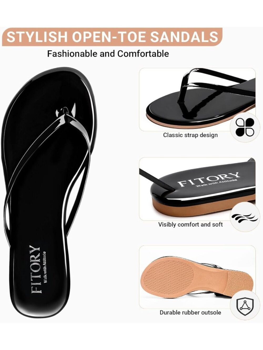 Women’s Glossy Black Summer Comfortable Flip Flops Thong Walking Slide Flats - Picture 4 of 5